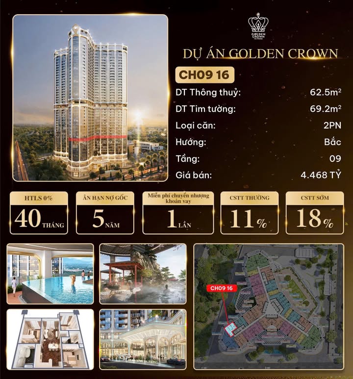 Căn hộ 2PN Golden Crown Hải Phòng 62.5m² giá 4.468 tỷ - Cơ hội vàng cho nhà đầu tư!