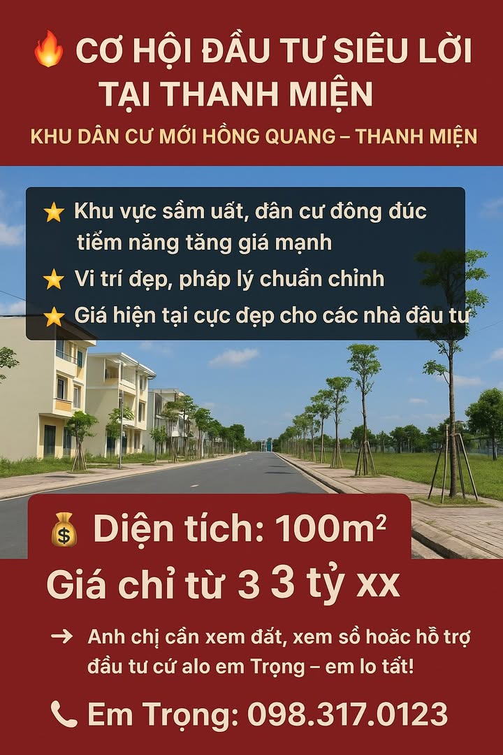 Đất nền Khu Dân Cư Mới Hồng Quang Thanh Miện 100m² giá 3 tỷ - Cơ hội đầu tư siêu lợi nhuận!