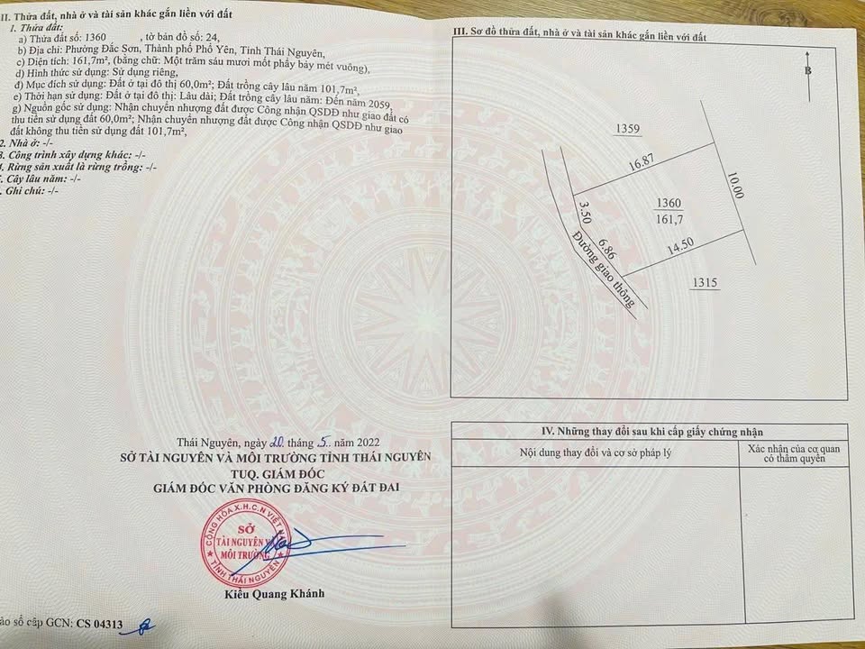 Đất thổ cư Đắc Sơn, Phổ Yên 161.7m² giá 800 triệu - Mặt tiền 10m, bán gấp!