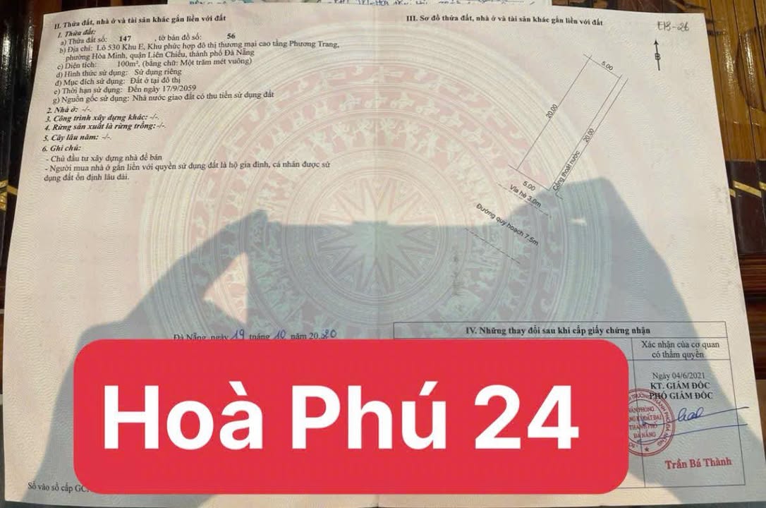Đất mặt tiền Hoà Phú 24, Đà Nẵng 100m² giá 7 tỷ - Khu vực phát triển sầm uất!