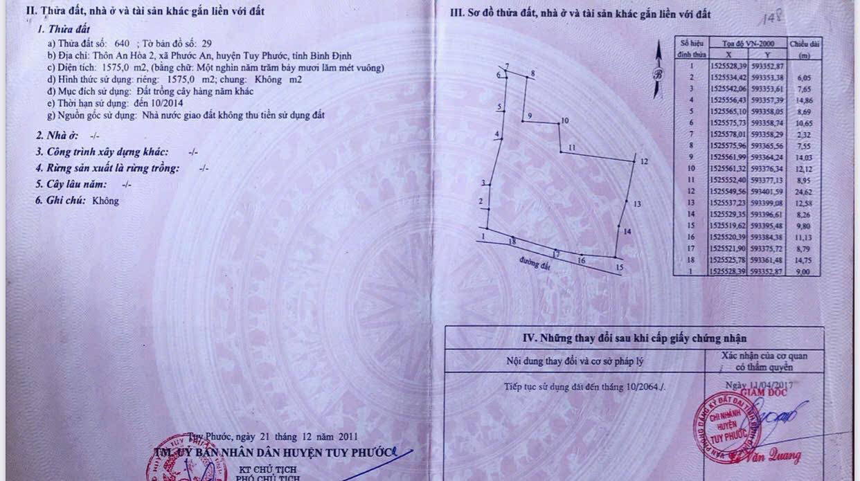 Đất vườn 1575m² xã Phước An huyện Tuy Phước giá chỉ 650 triệu - Sổ đỏ chính chủ!