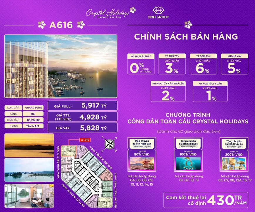 Căn hộ 2PN tại Crystal Holidays Harbour Vân Đồn 85m² giá 4.9 tỷ - Đầu tư sinh lời ngay!