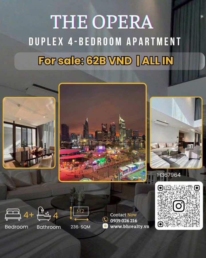 Căn hộ Duplex 4PN tại The Opera 236m² giá 62 tỷ - Thiết kế độc đáo, view thoáng!