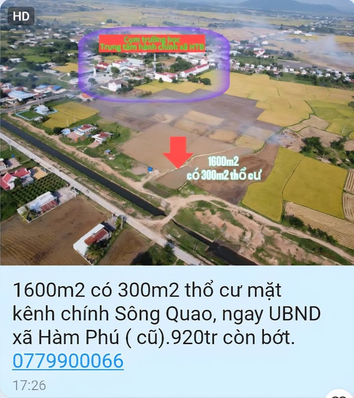 Đất nền 1600m² tại Hàm Phú, Bình Thuận - Mặt kênh Sông Quao, giá chỉ 920 triệu!