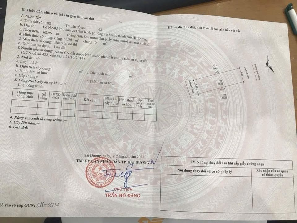 Đất nền Khu Đô Thị Quân Đội Cẩm Khê, Tứ Minh, Hải Dương 68.96m² - Sổ hồng chính chủ, giá chỉ 3 tỷ!