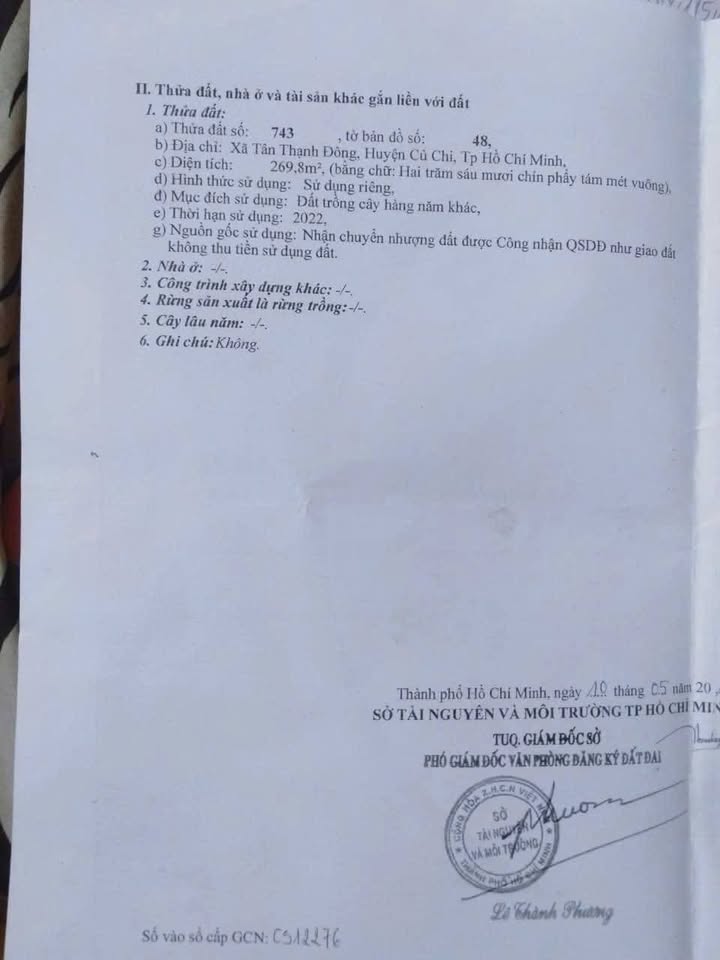 Đất nền 270m² Tân Thạnh Đông, Củ Chi - Cơ hội đầu tư tuyệt vời!