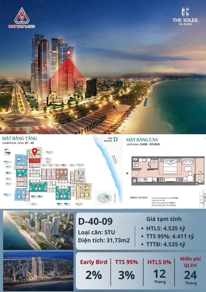 Căn hộ Studio Soleil Đà Nẵng 31,73m² giá 4.535 tỷ - View biển tuyệt đẹp!
