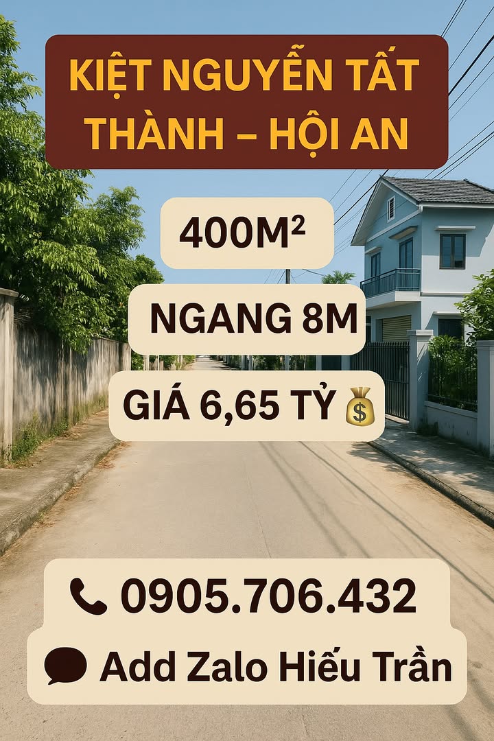 Đất nền Nguyễn Tất Thành, Hội An - 400m² giá 6.65 tỷ - Tiềm năng đầu tư lớn!