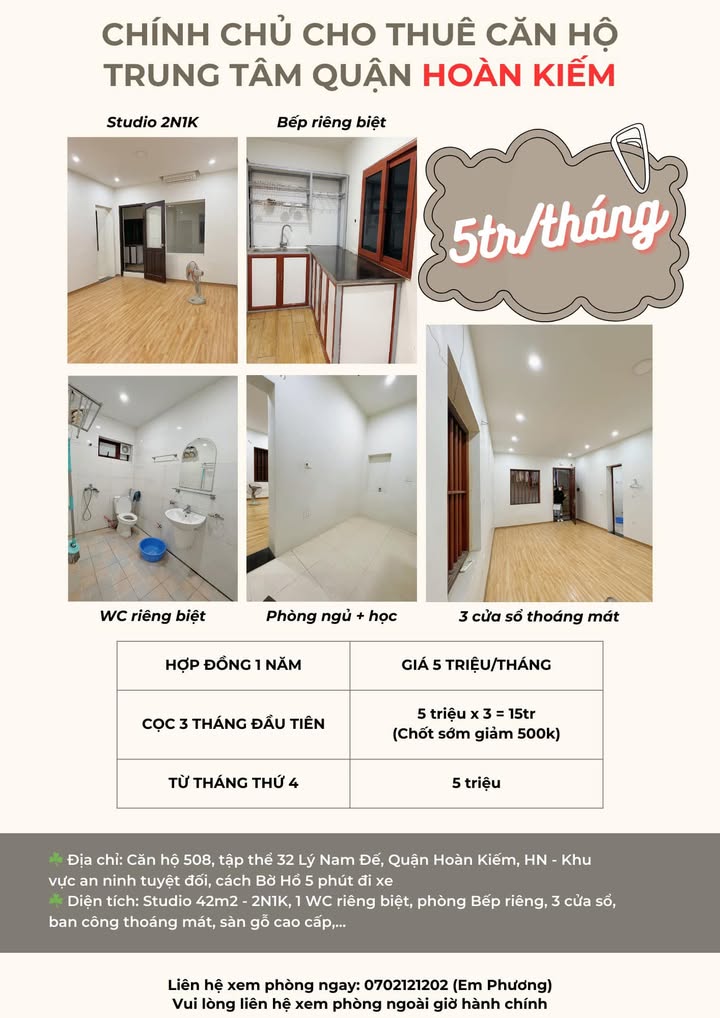 Căn hộ 42m² quận Hoàn Kiếm - Chính chủ cho thuê giá thỏa thuận!