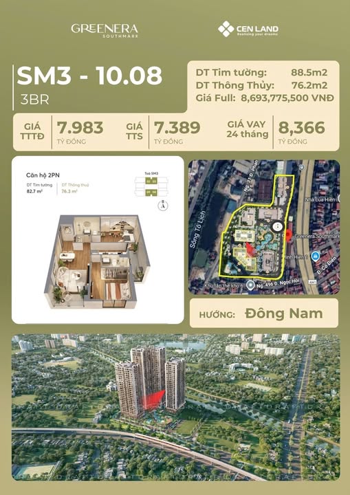 Căn hộ 3PN Greenera Southmark 76.2m² giá 7.389 tỷ - Sẵn sàng vào ở!