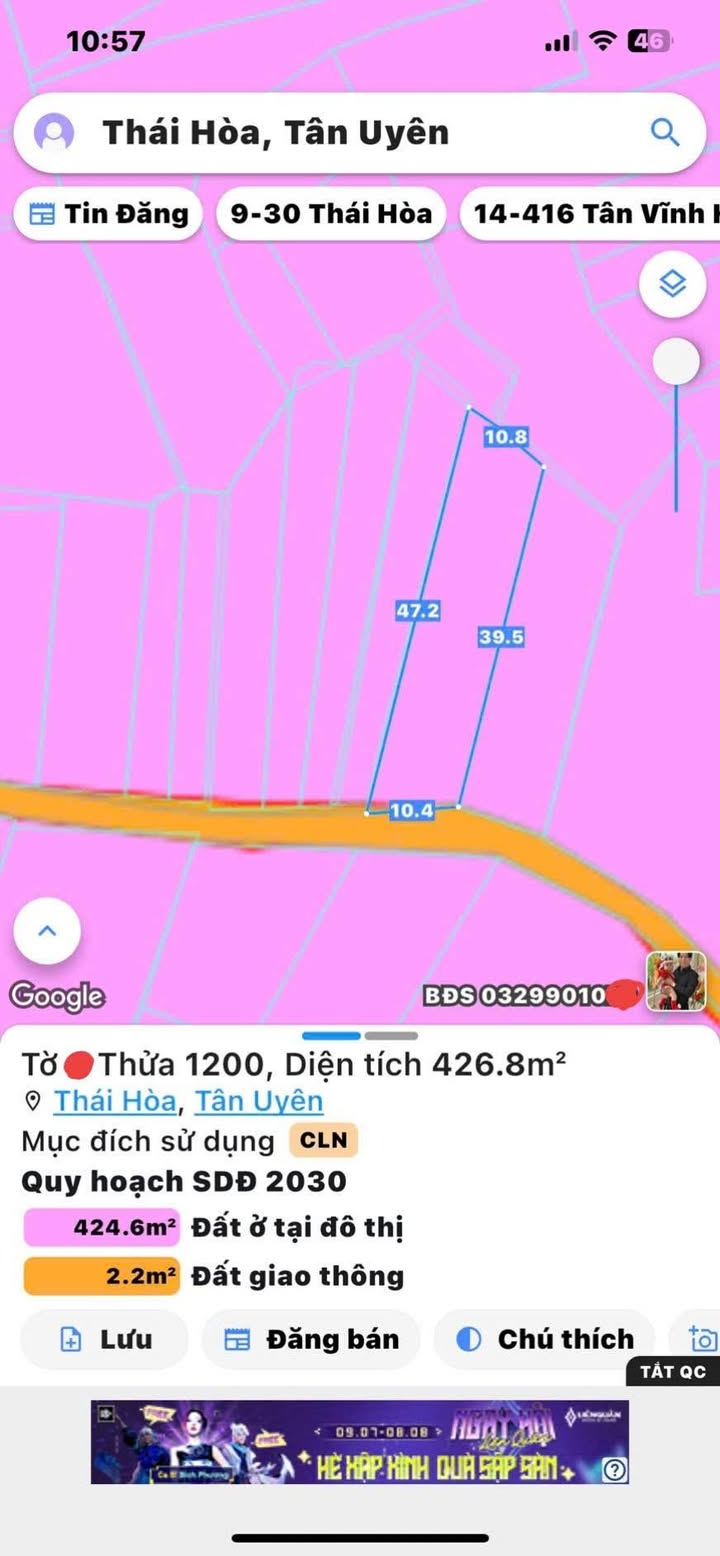 Đất nền Thái Hòa, Tân Uyên 405m² giá 4.5 tỷ - Sổ riêng chính chủ!