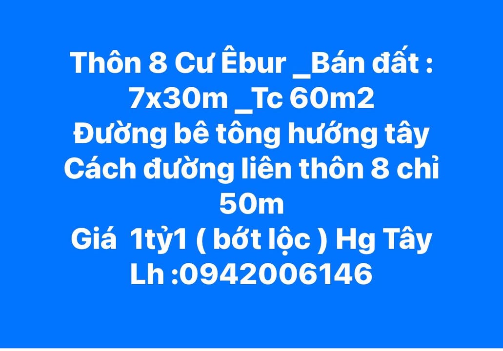 Đất nền Cư Êbur 210m² giá 1.1 tỷ - Đường bê tông, hướng Tây