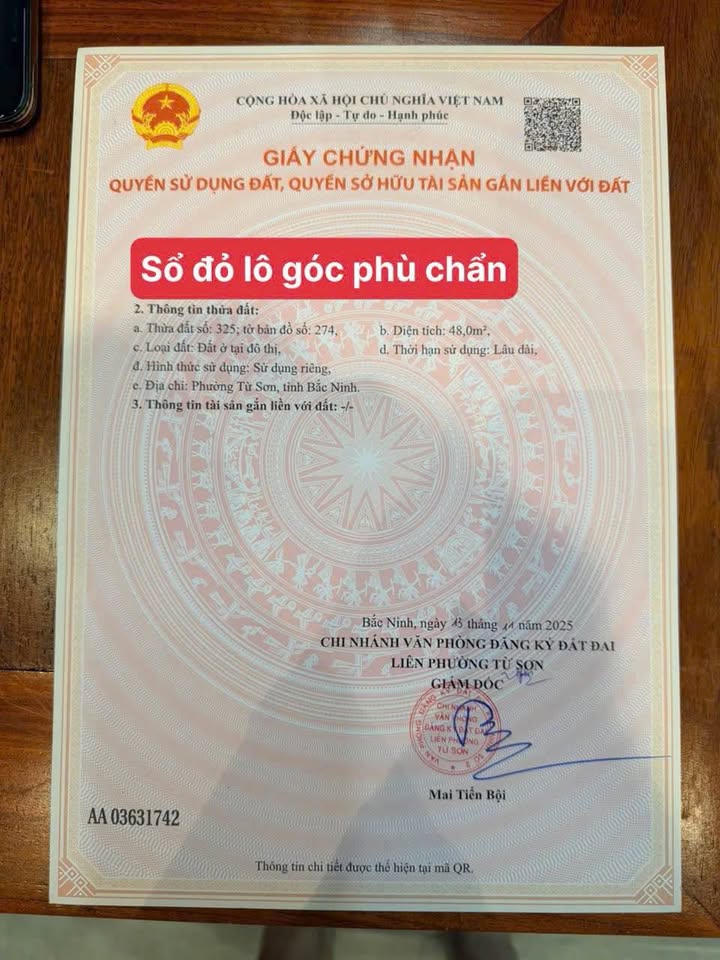 Lô đất góc 2 mặt tiền 48m² tại Phù Chẩn, Từ Sơn chỉ 2 tỷ - Cơ hội đầu tư hấp dẫn!