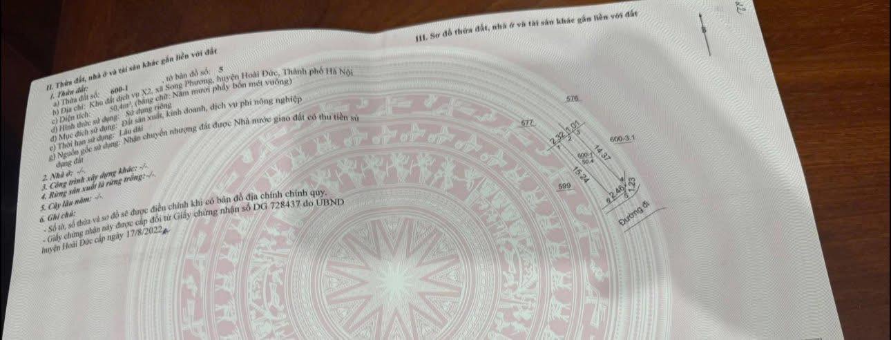 Đất dịch vụ Song Phương Hoài Đức 50m² giá chỉ 6.5 tỷ - Hướng Đông mát mẻ!