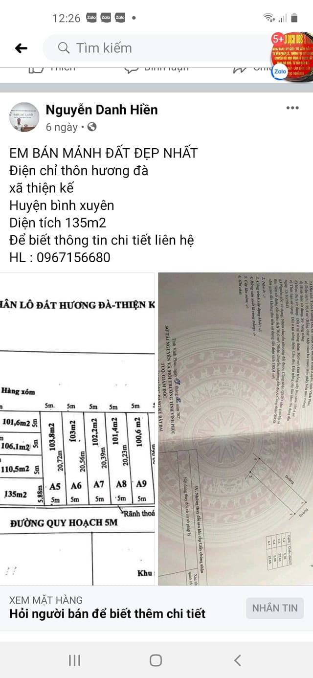 Đất đẹp tại thôn Hương Đà, xã Thiện Kế, Bình Xuyên - 135m² giá tốt