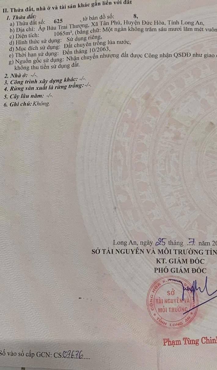 Đất nền 1080m² đường 825, Tân Phú, Long An - Pháp lý rõ ràng, giá thỏa thuận!