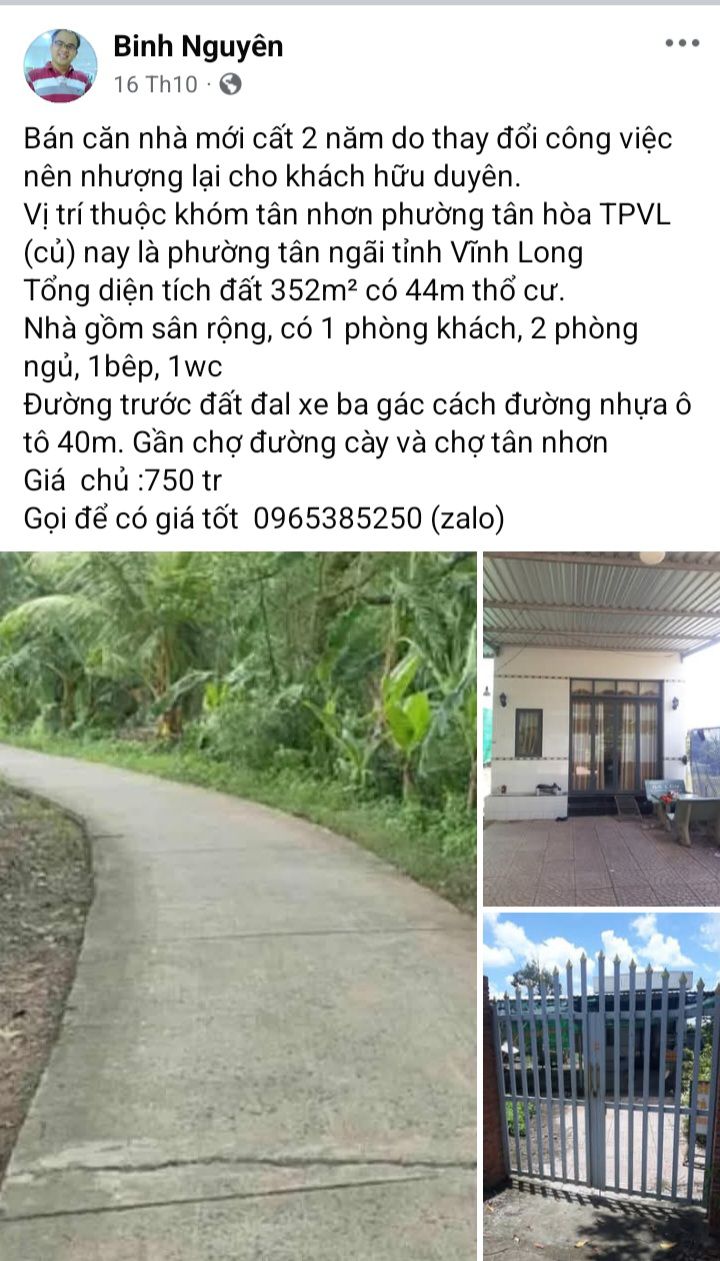 Nhà bán tại phường Tân Ngãi, Vĩnh Long 352m² giá 750 triệu - Gần chợ Tân Nhơn!