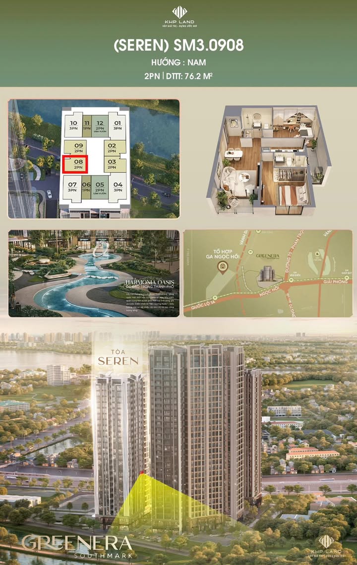 Căn hộ 2PN tại Tòa Seren, Greenera Southmark 76m² - Hướng Nam mát mẻ quanh năm!