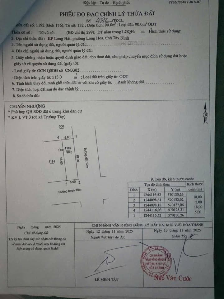 Đất thổ cư Long Hải, Hòa Thành 90m² giá 125 triệu - Góc ngã 4 đường nhựa 10m
