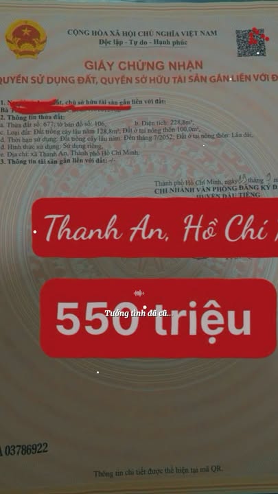 Đất thổ cư 228m² xã Thanh An, TP.HCM giá chỉ 550 triệu - Cơ hội đầu tư tuyệt vời!