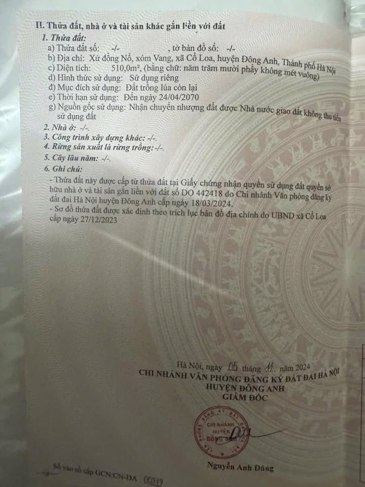 Đất nông nghiệp Cổ Loa Đông Anh 510m² - Sổ đỏ chính chủ, vị trí thuận lợi!