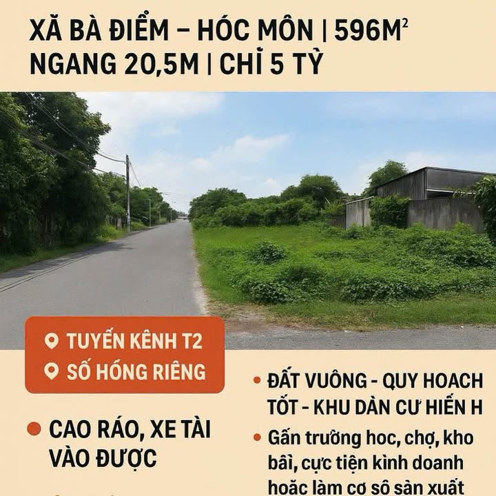 Đất nền xã Bà Điểm, Hóc Môn 596m² chỉ 5 tỷ - Sổ hồng riêng, xây dựng ngay!