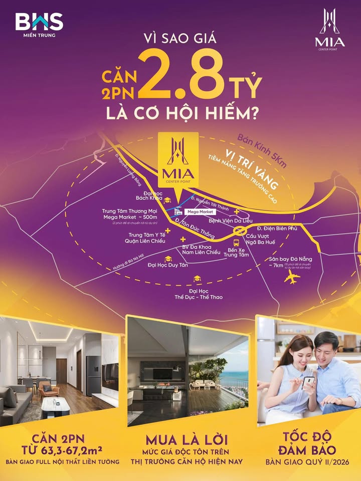 Căn hộ 2 phòng ngủ Mia Center Point Đà Nẵng 65m² giá 2,8 tỷ - Cơ hội đầu tư hiếm có!