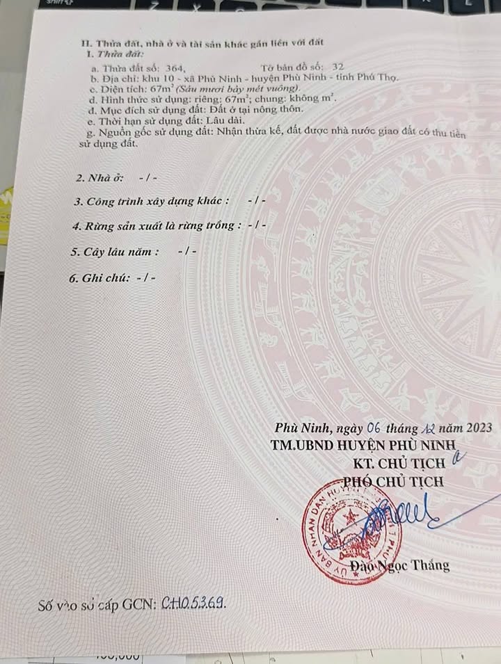 Đất thổ cư Phù Ninh 67m² giá 950 triệu - Đầu tư sinh lời bền vững!