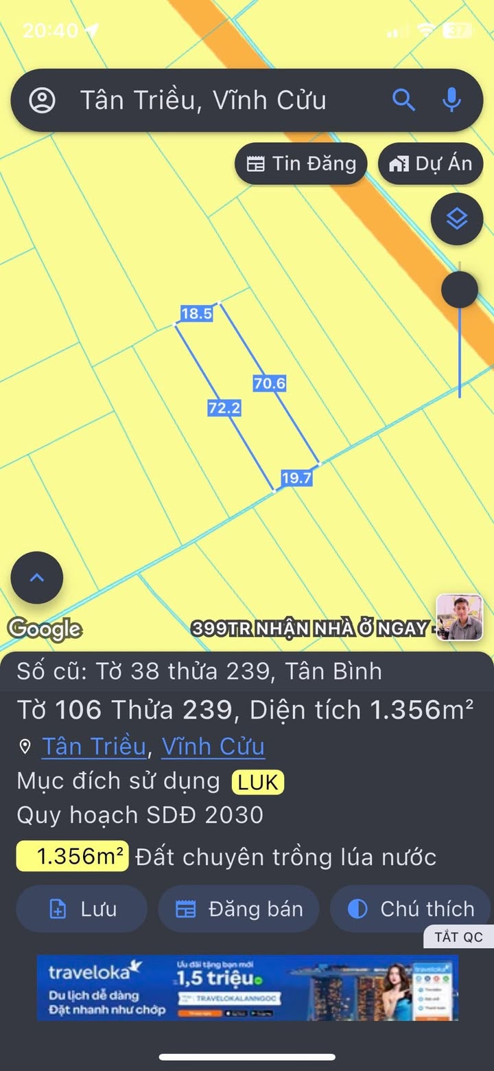 Đất lúa 2 sào 7m² tại Bình Hòa, Vĩnh Cửu giá 1.62 tỷ - Cơ hội đầu tư hấp dẫn!
