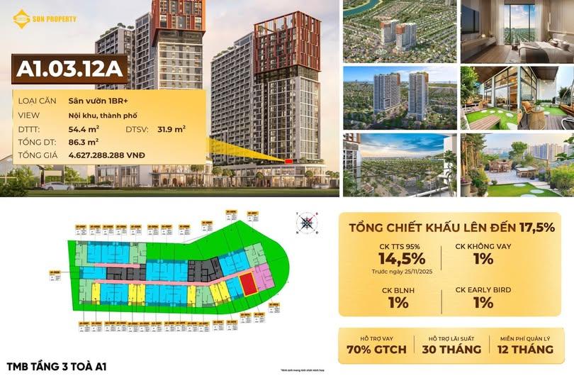 Căn hộ Cora Tower Hòa Xuân 86m² giá 3.877 tỷ - Sân vườn riêng rộng rãi!
