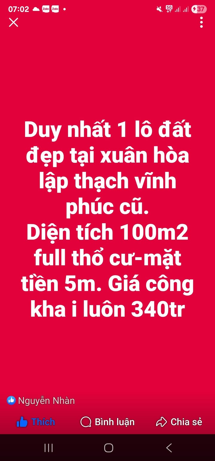 Đất thổ cư Xuân Hòa 100m² giá chỉ 340 triệu - Cơ hội đầu tư lý tưởng!