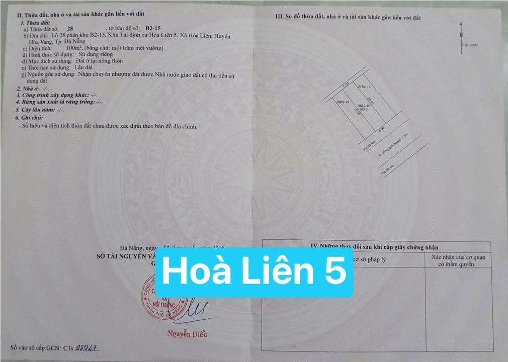 Bán đất TĐC Hòa Liên 5, Đà Nẵng 100m² giá 3.3 tỷ - Đường 7.5m, lề 4m