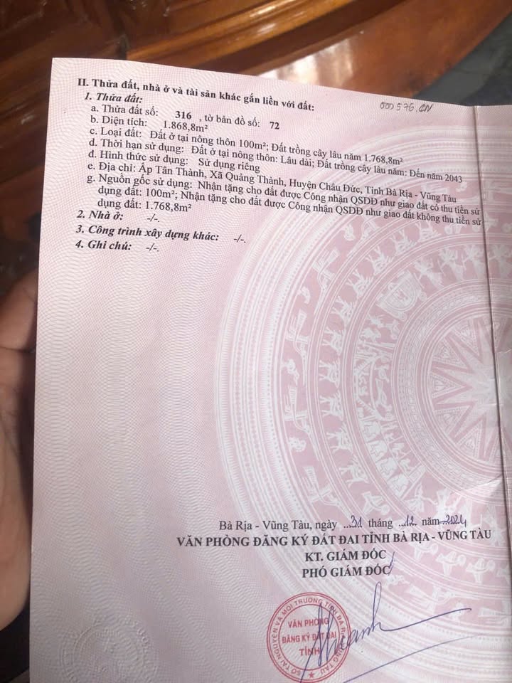 Đất nền 1.800m² tại Quảng Thành, Châu Đức - Giá chỉ 1.5 tỷ, cần bán gấp!