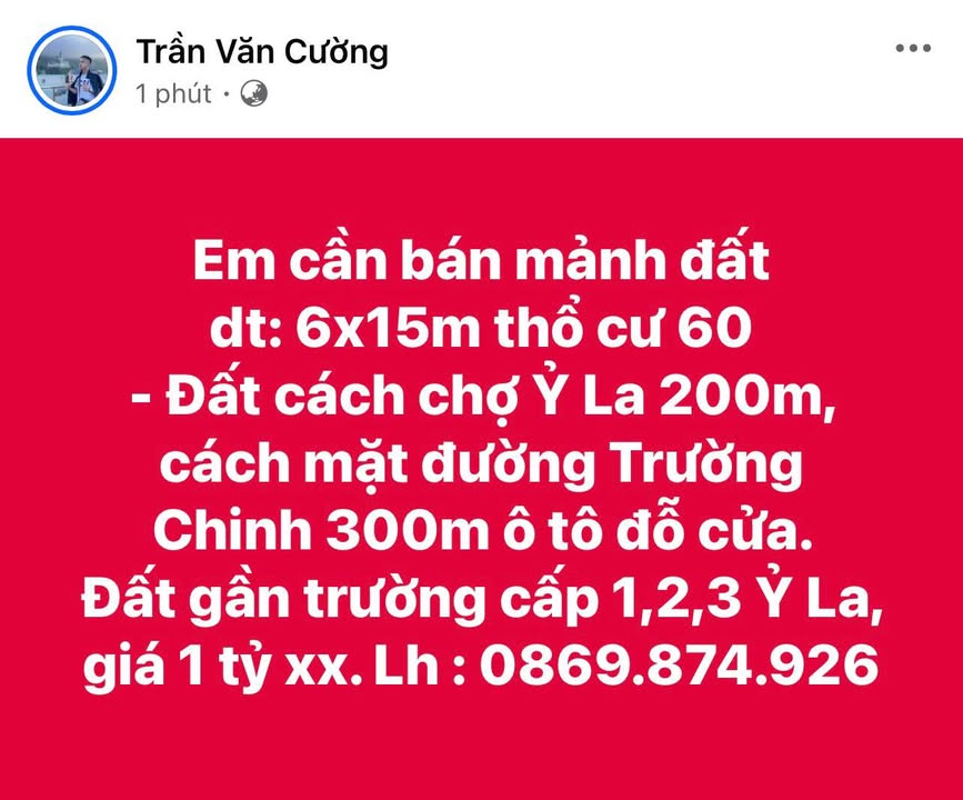 Đất thổ cư 90m² tại phường Ỷ La, Tuyên Quang giá 1 tỷ - Đường Trường Chinh, ô tô đỗ cửa!