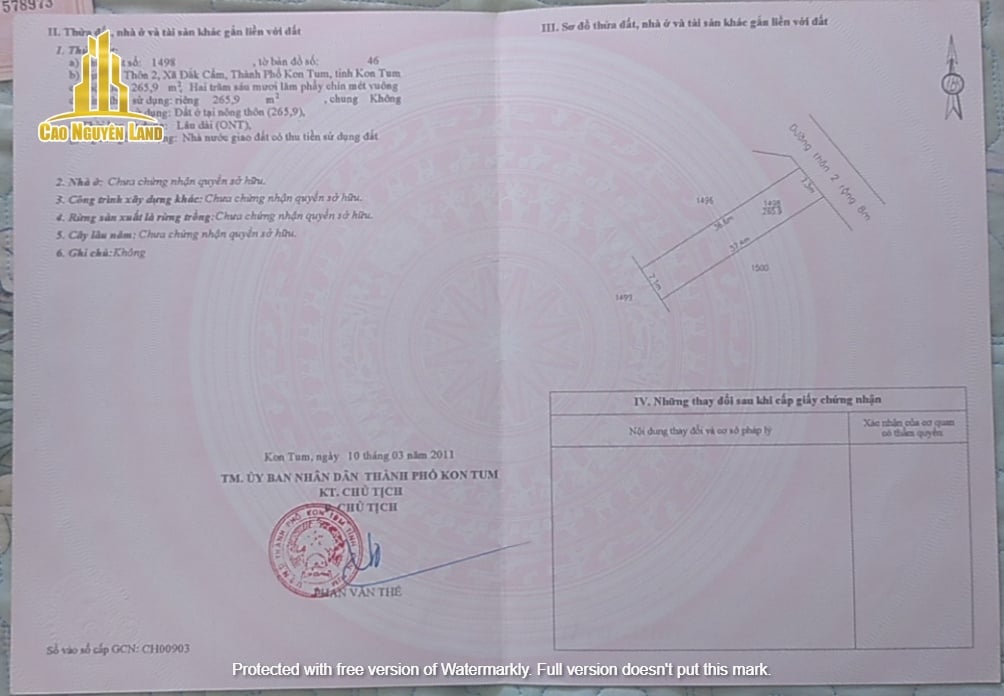 Đất thổ cư 259m² Thôn 2, xã Đăk Cấm, TP Kon Tum - Giá chỉ 3.7 tỷ!