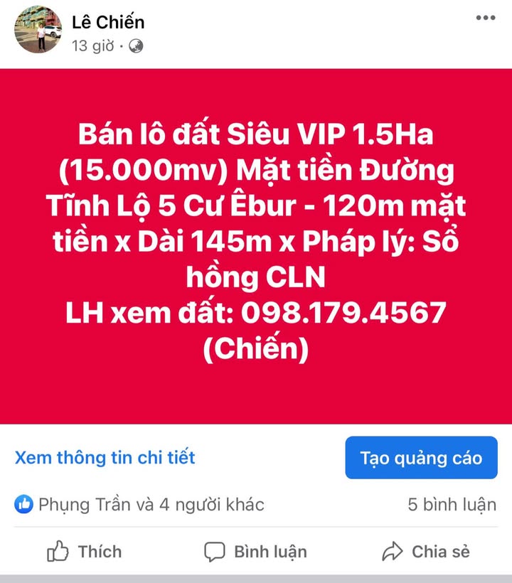 Đất nền 1.5Ha mặt tiền Tĩnh Lộ 5 - Cư Êbur - Sổ hồng chính chủ