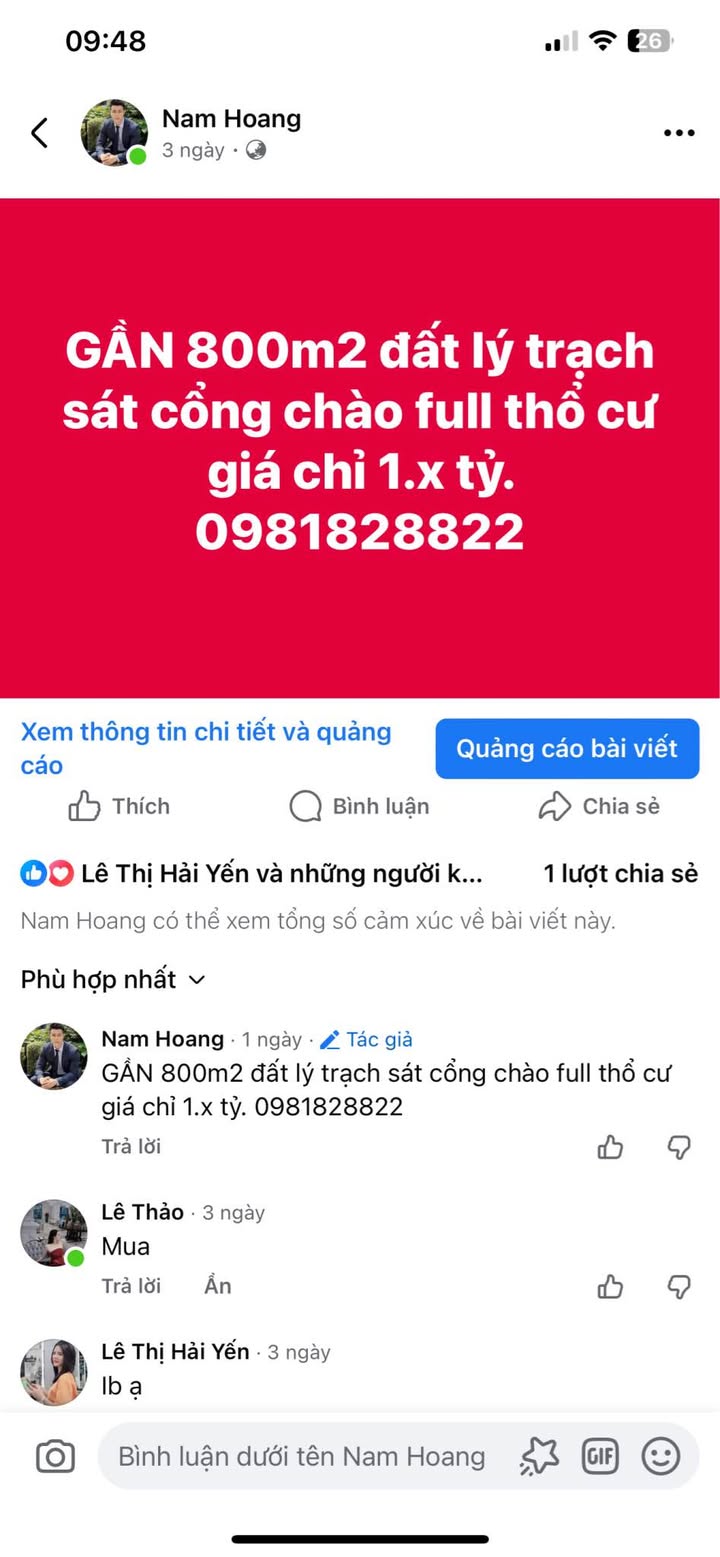 Đất nền Lý Trạch 800m² giá chỉ 1 tỷ - Cơ hội đầu tư hấp dẫn!