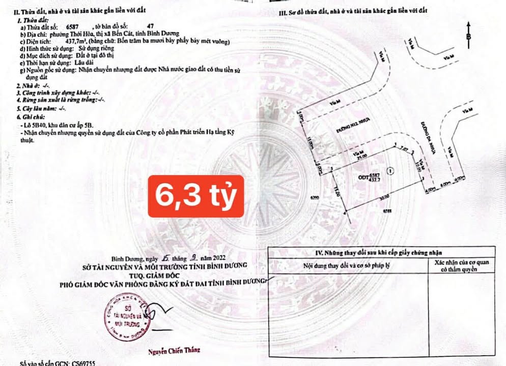 Đất thổ cư Thới Hòa Bến Cát 437m² - Đầu tư sinh lời ngay!