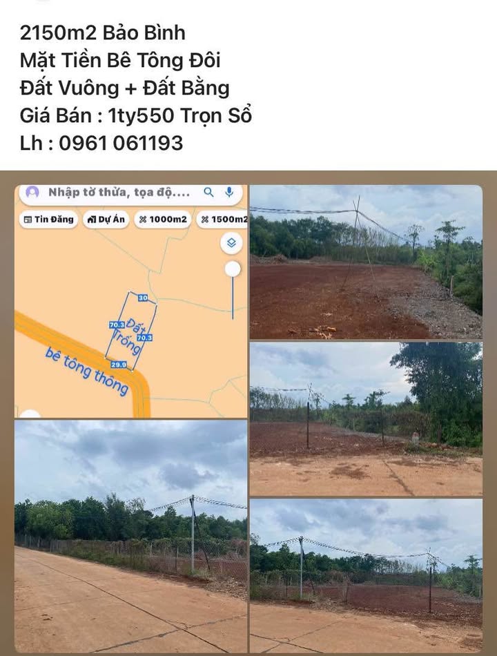 Đất nền Bảo Bình 2150m² giá 1.55 tỷ - Đất vuông vức, mặt tiền bê tông