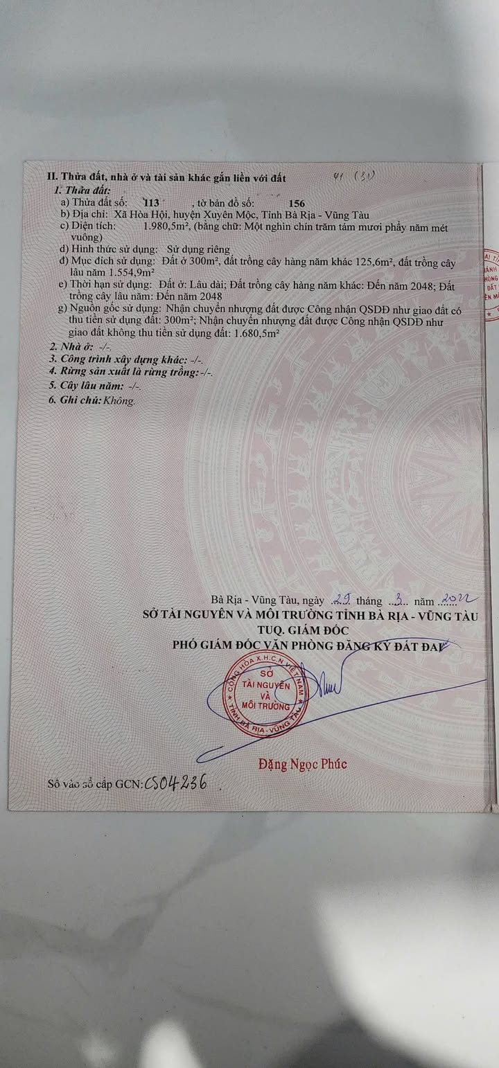 Đất nền Hòa Hội, Xuyên Mộc 1980m² giá 10.599 tỷ - Đầu tư sinh lời ngay!