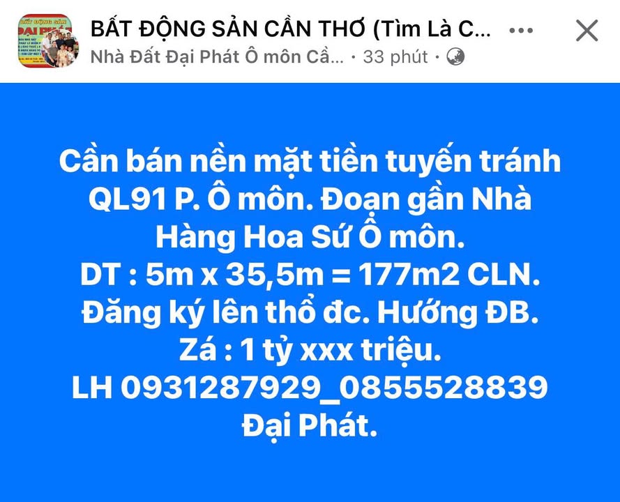 Đất nền mặt tiền tuyến tránh QL91, P. Ô Môn, 177m² - Đầu tư sinh lời ngay!