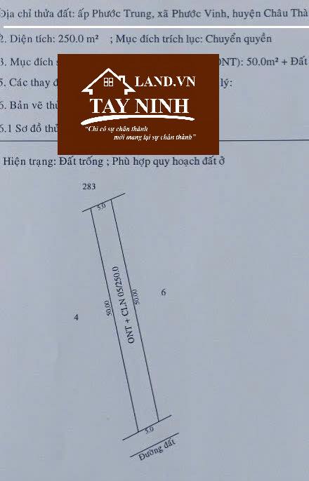 Đất thổ cư 250m² xã Phước Vinh, Châu Thành - Giá chỉ 285 triệu!