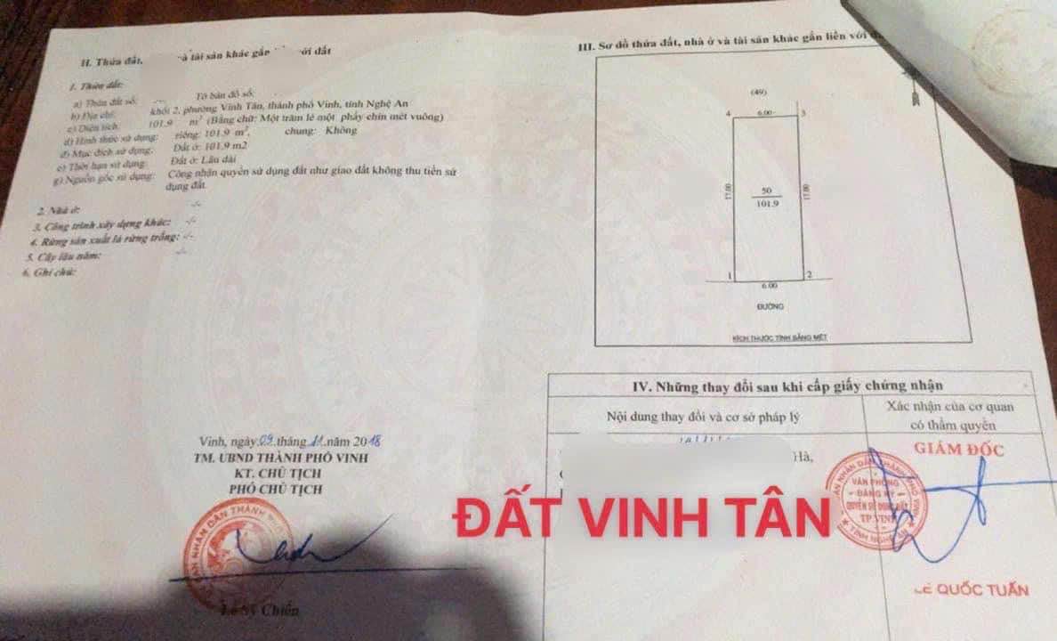 Đất Vinh Tân 102m² giá 1.7 tỷ - Xây dựng tự do, hướng Nam thoáng mát!