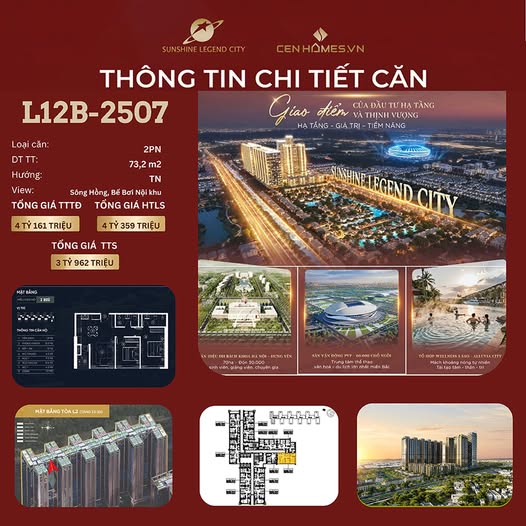 Căn hộ 2PN Sunshine Legend City 73,2m² giá 3,962 tỷ - View sông Hồng cực hiếm!