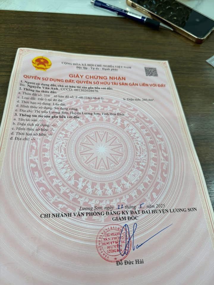 Đất phố chợ Lương Sơn, Hoà Bình 260m² - Bìa đỏ chính chủ, giá tốt!