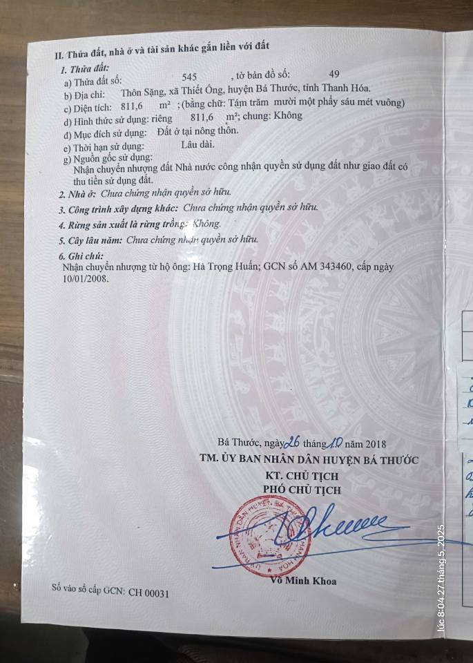 Đất thổ cư 811m² Thiết Ống - Bá Thước giá chỉ 400 triệu - Cơ hội đầu tư tuyệt vời!