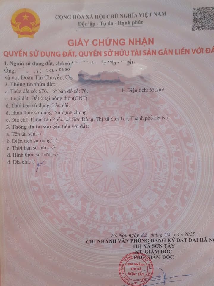 Đất thổ cư 62,2m² tại Tân Phúc, Sơn Tây - Cơ hội đầu tư tuyệt vời!