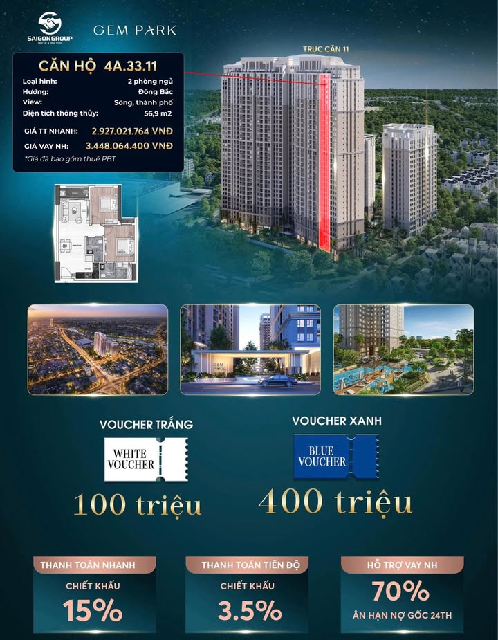 Căn hộ Gem Park Hải Phòng 56.9m² giá chỉ từ 2.927 tỷ - View thành phố tuyệt đẹp!