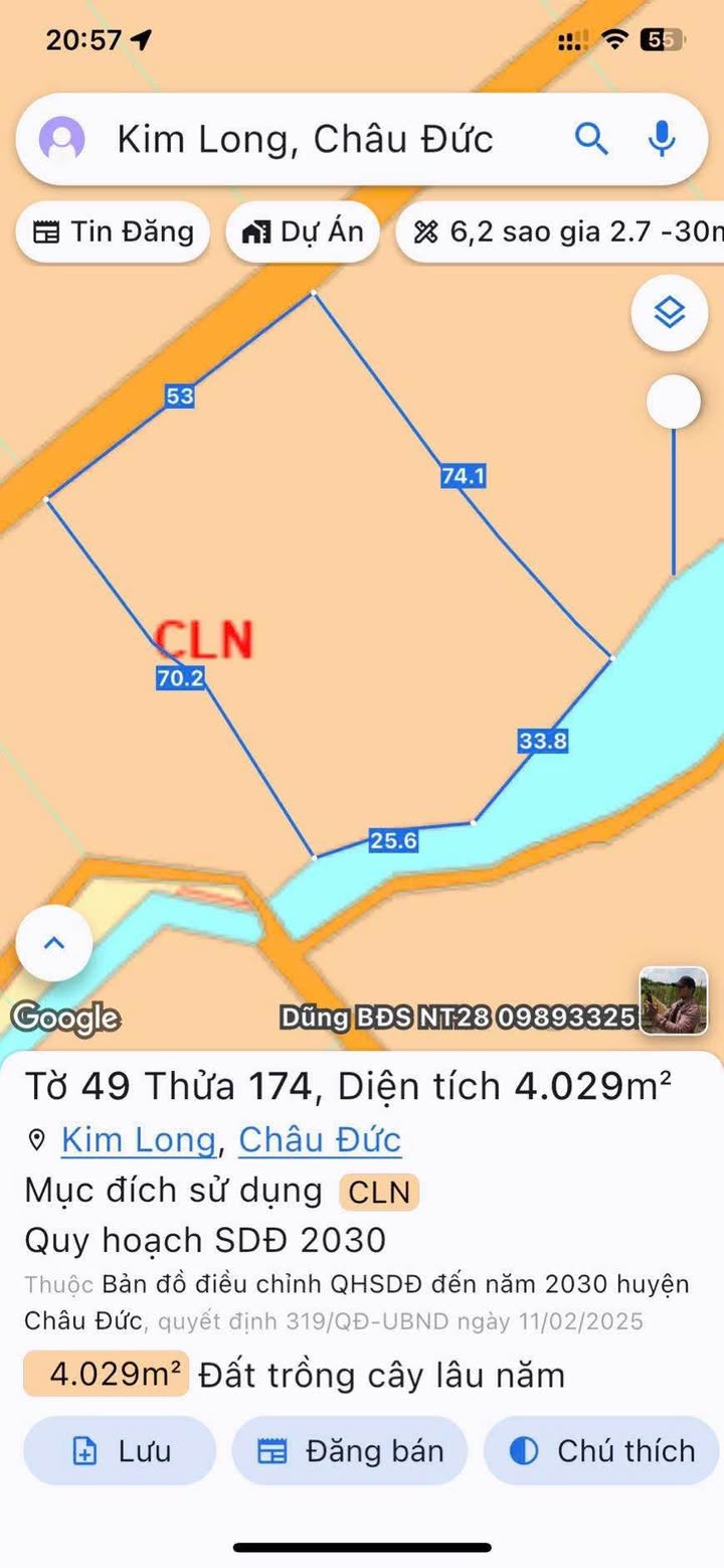 Đất nền 4 sào Kim Long, Châu Đức giá 4 tỷ - View suối thơ mộng!