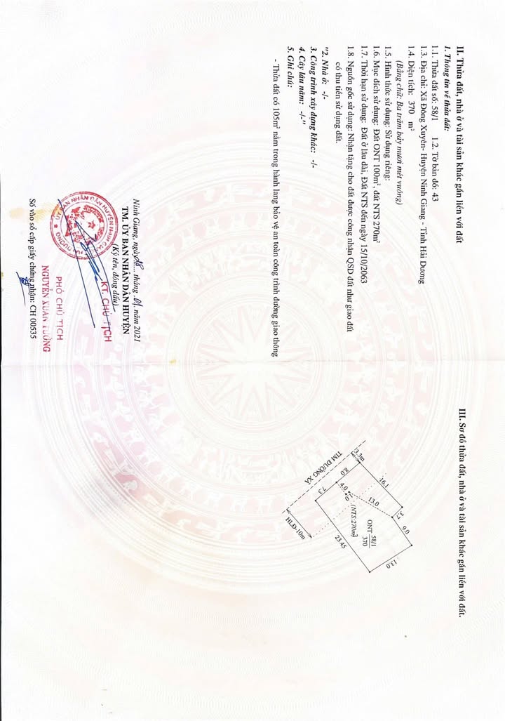 Đất nền Đông Xuyên Ninh Giang 370m² giá 2.6 tỷ - Đầu tư sinh lời hấp dẫn!